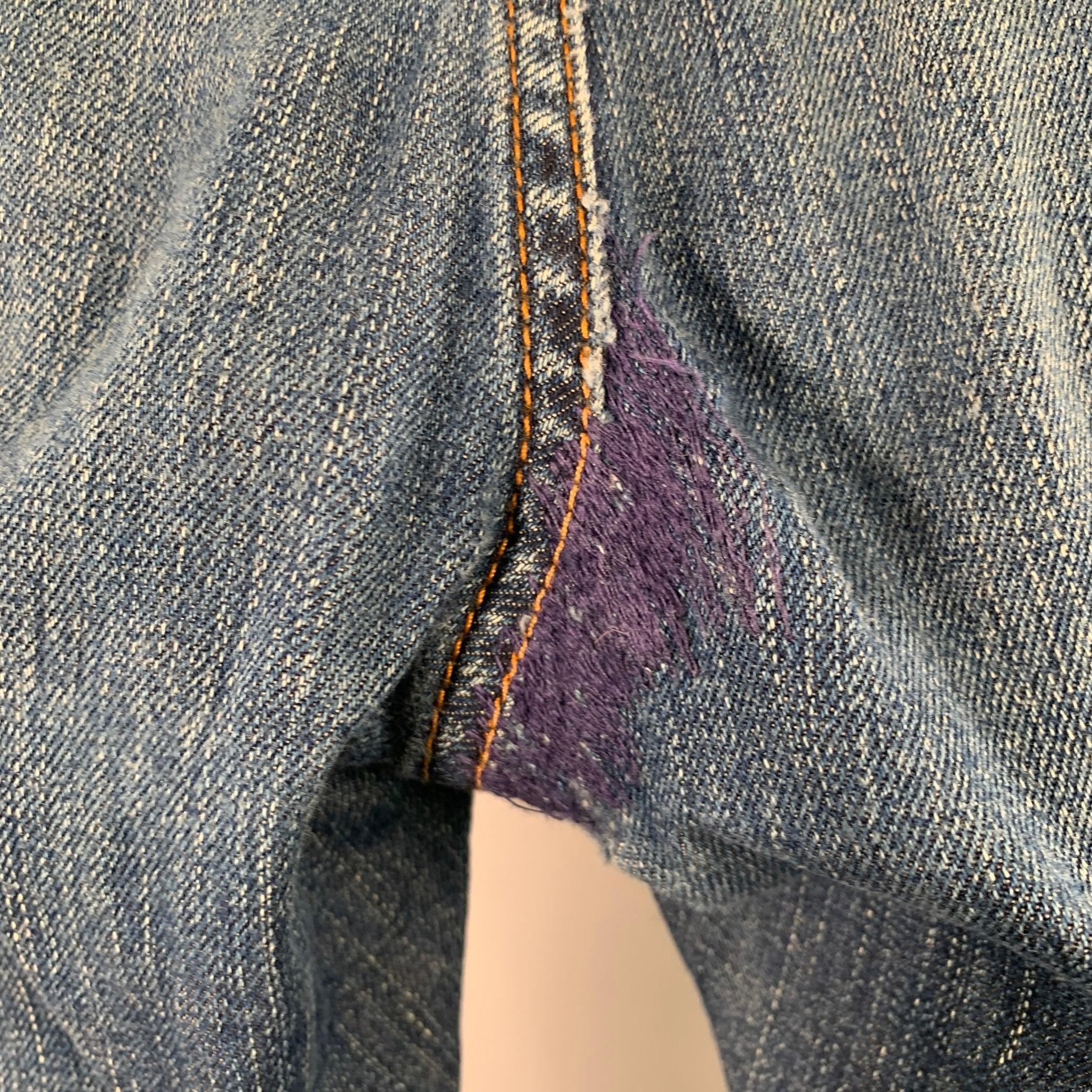 Men's BALMAIN Size 32 Blue Contrast Stitch Cotton Blend Button Fly Jeans For Sale