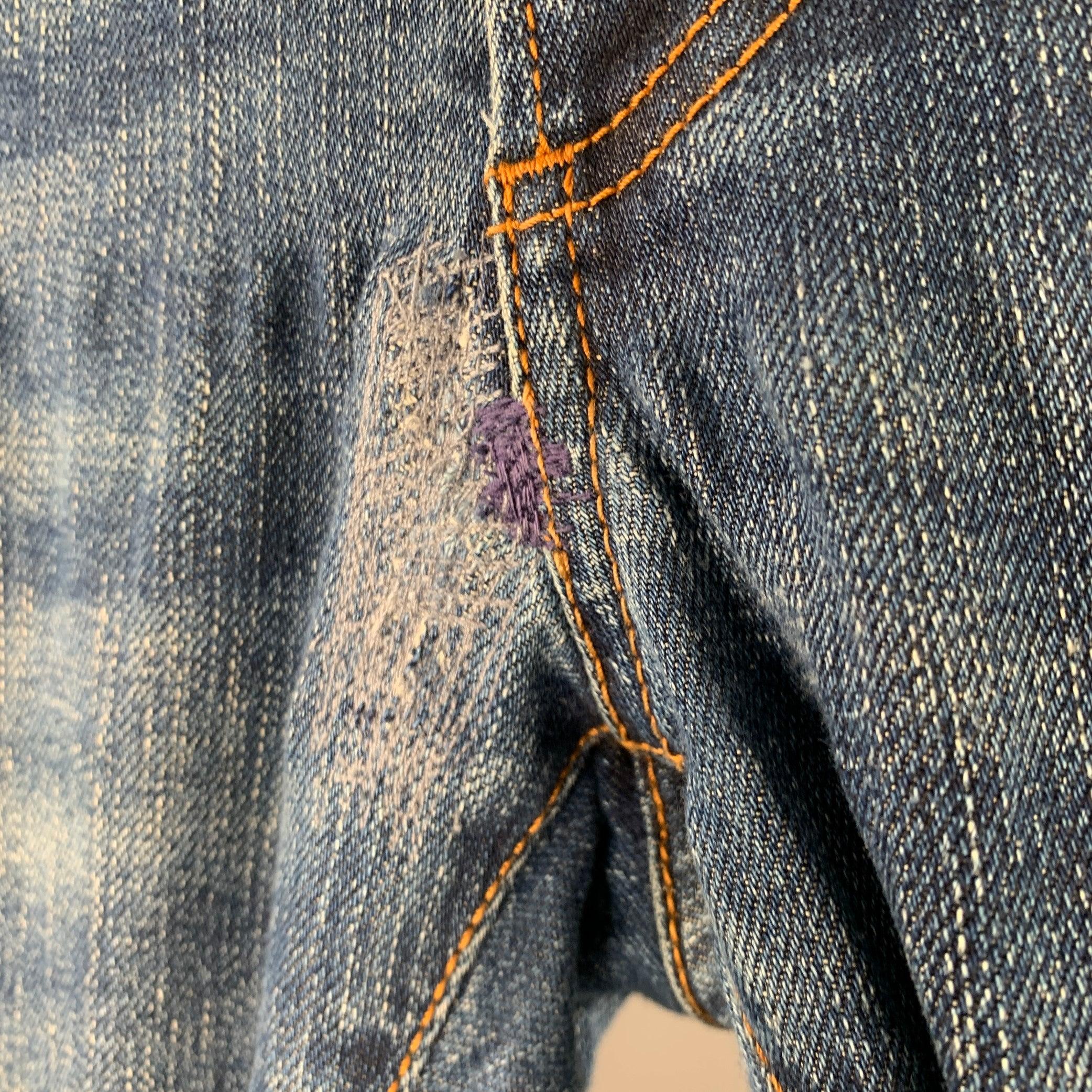 BALMAIN Size 32 Blue Contrast Stitch Cotton Blend Button Fly Jeans For Sale 1