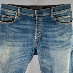BALMAIN Size 32 Blue Contrast Stitch Cotton Blend Skinny Button Fly Jeans