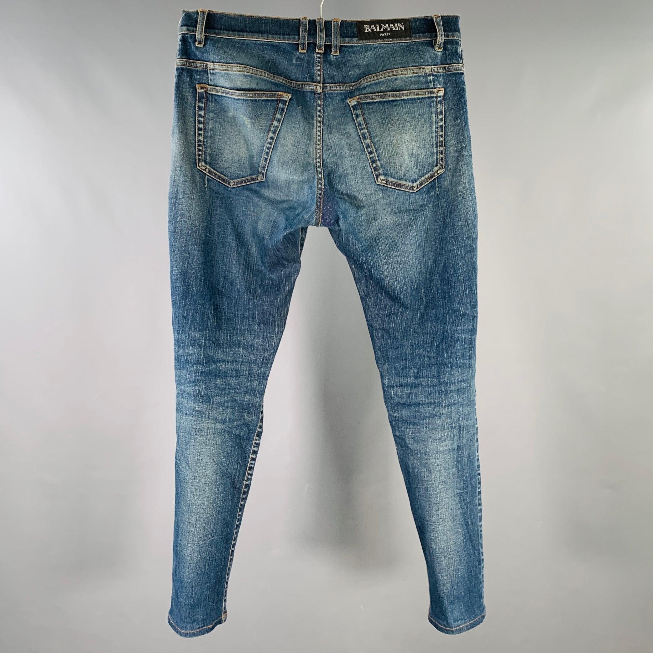 Gray BALMAIN Size 32 Blue Contrast Stitch Cotton Blend Skinny Button Fly Jeans For Sale