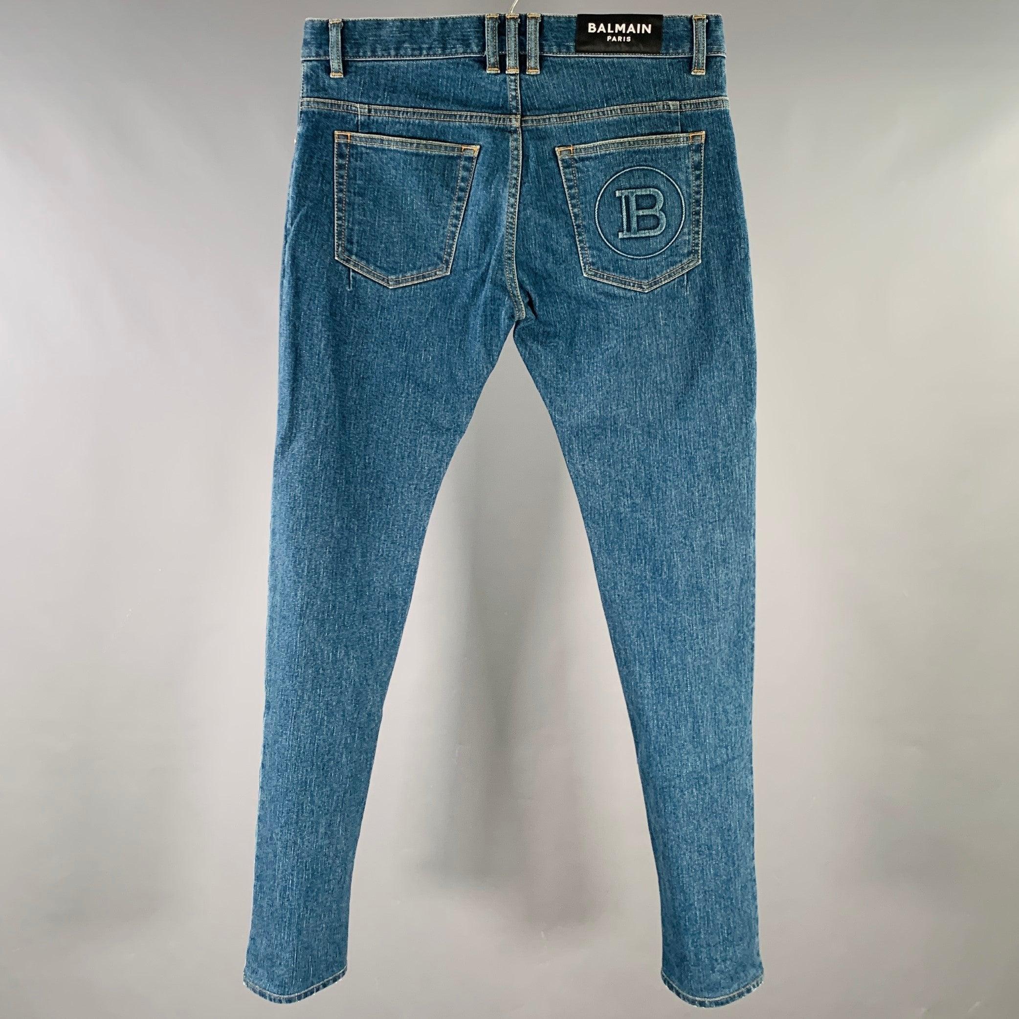 BALMAIN Size 32 Blue Contrast Stitch Cotton Blend Skinny Button Fly Jeans In Excellent Condition For Sale In San Francisco, CA
