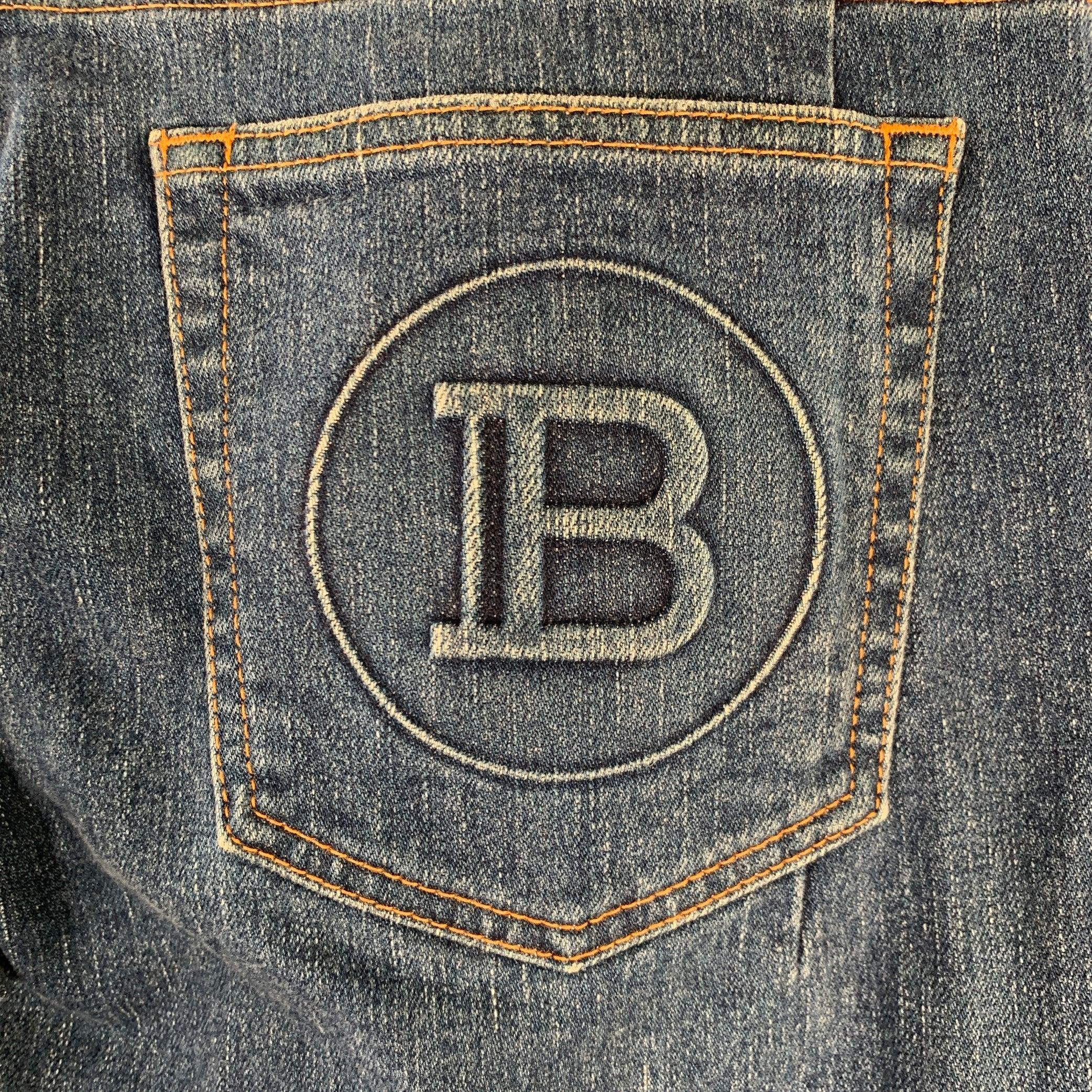 Men's BALMAIN Size 32 Blue Contrast Stitch Cotton Blend Skinny Button Fly Jeans For Sale