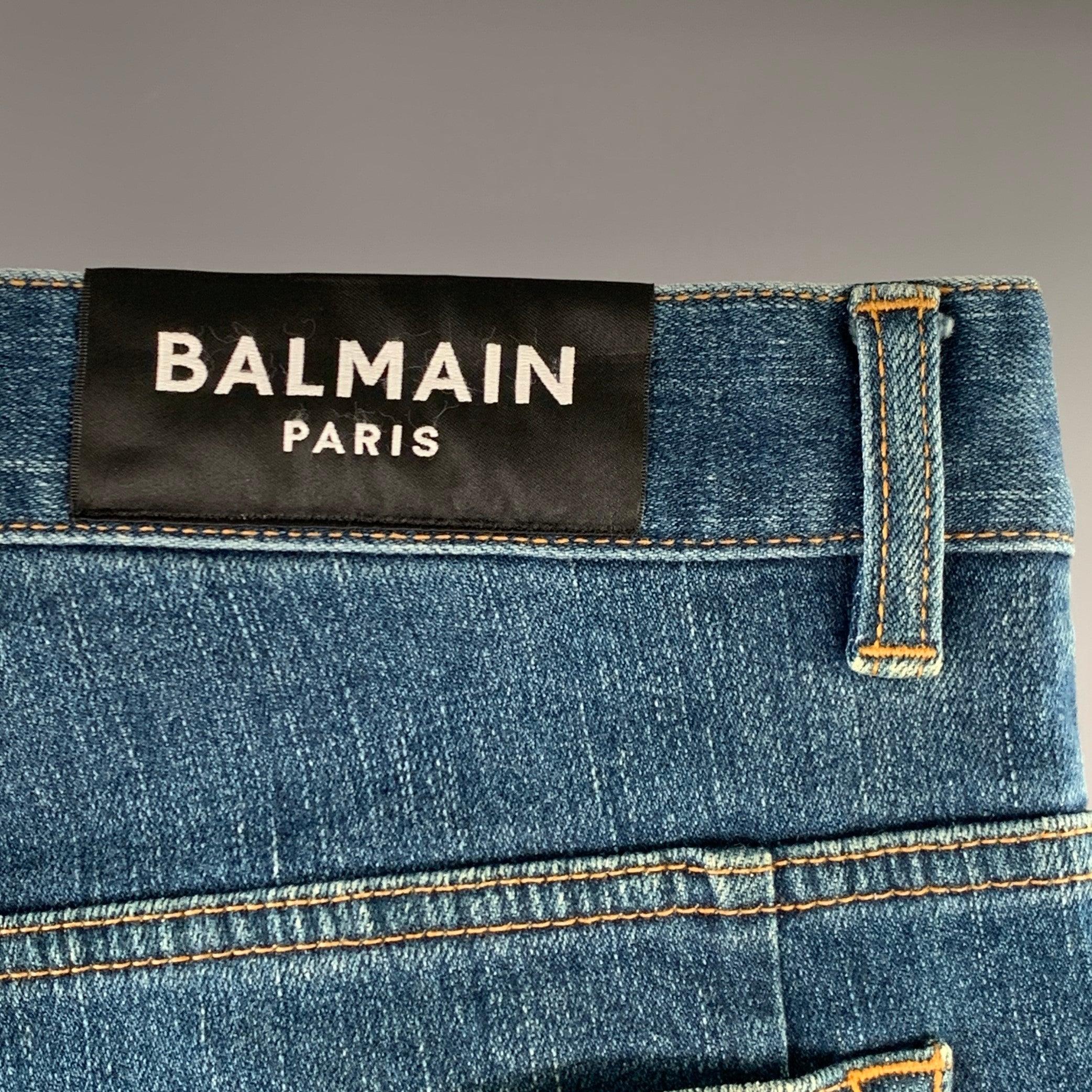 BALMAIN Size 32 Blue Contrast Stitch Cotton Blend Skinny Button Fly Jeans For Sale 1