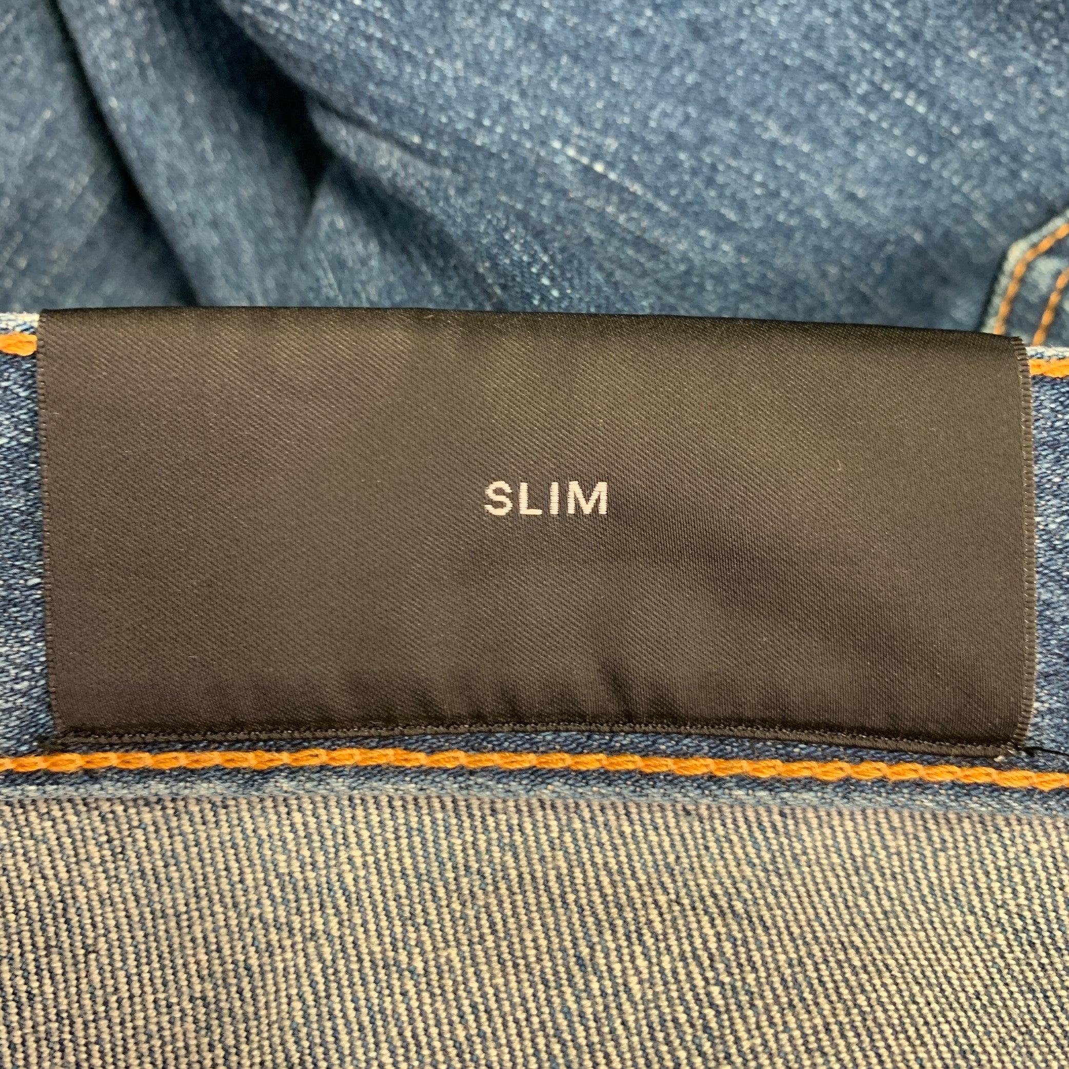 BALMAIN Size 32 Blue Contrast Stitch Cotton Blend Skinny Button Fly Jeans For Sale 2