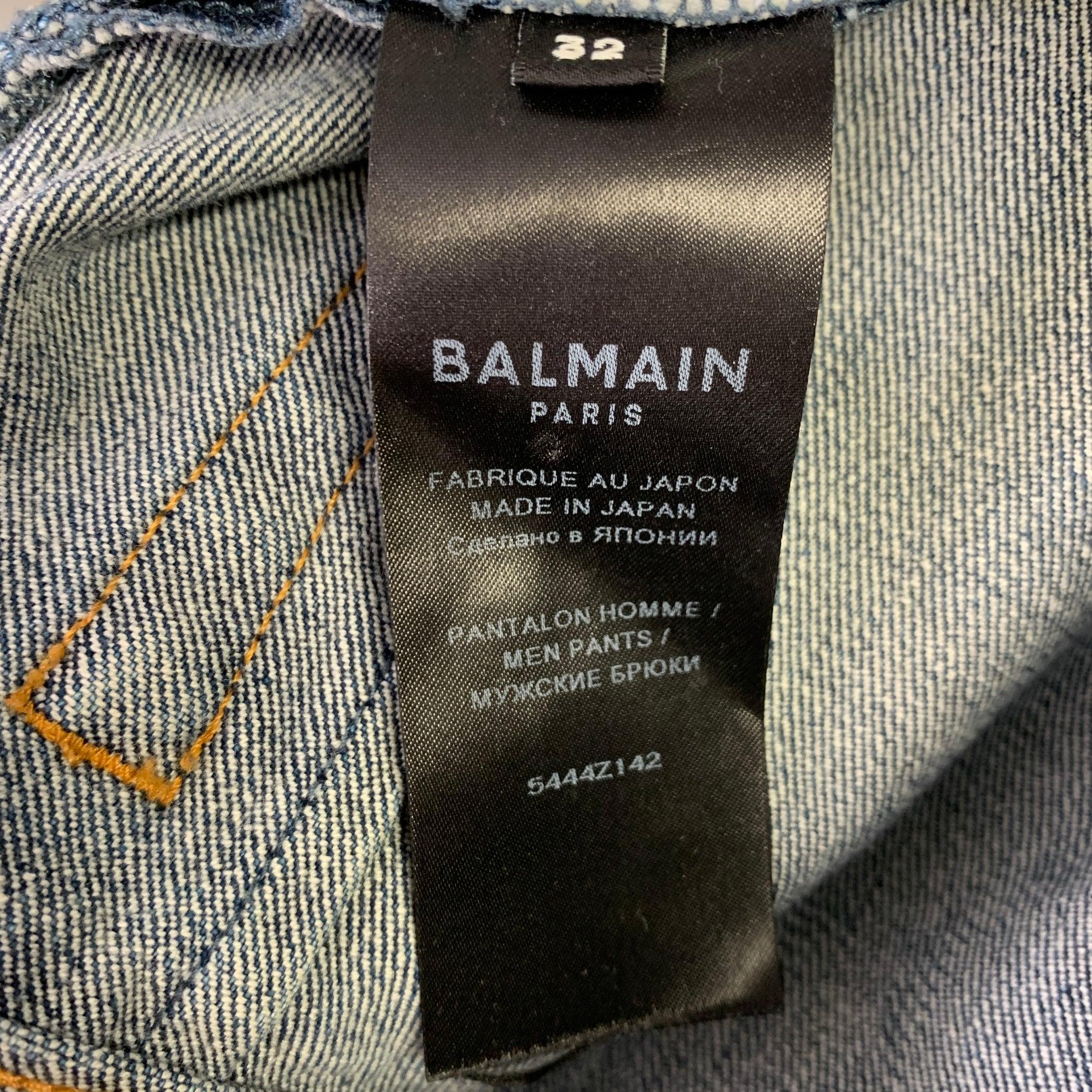 BALMAIN Size 32 Blue Contrast Stitch Cotton Blend Skinny Button Fly Jeans For Sale 3