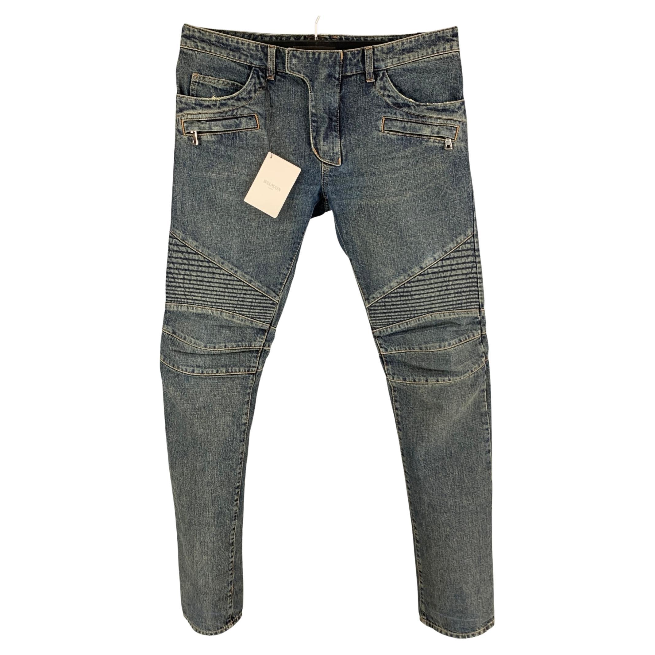 BALMAIN Size 32 Blue Cotton Motorcycle Jeans For Sale at 1stDibs