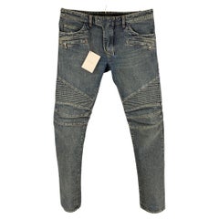 Used BALMAIN Size 32 Blue Cotton Motorcycle Jeans