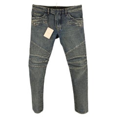 Balmain Men's Blue Distressed Biker Moto T551 C306 Straight Leg Denim ...