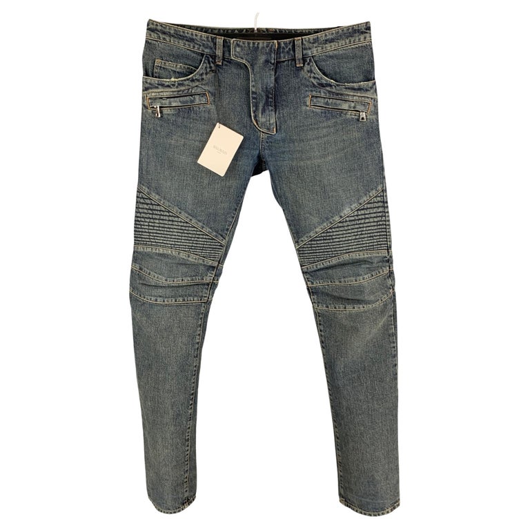 BALMAIN Size 32 Blue Cotton Motorcycle Jeans For Sale at 1stDibs