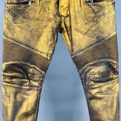 BALMAIN Größe 38 Metallic Gold Schwarz Baumwolle Slim Biker Jeans