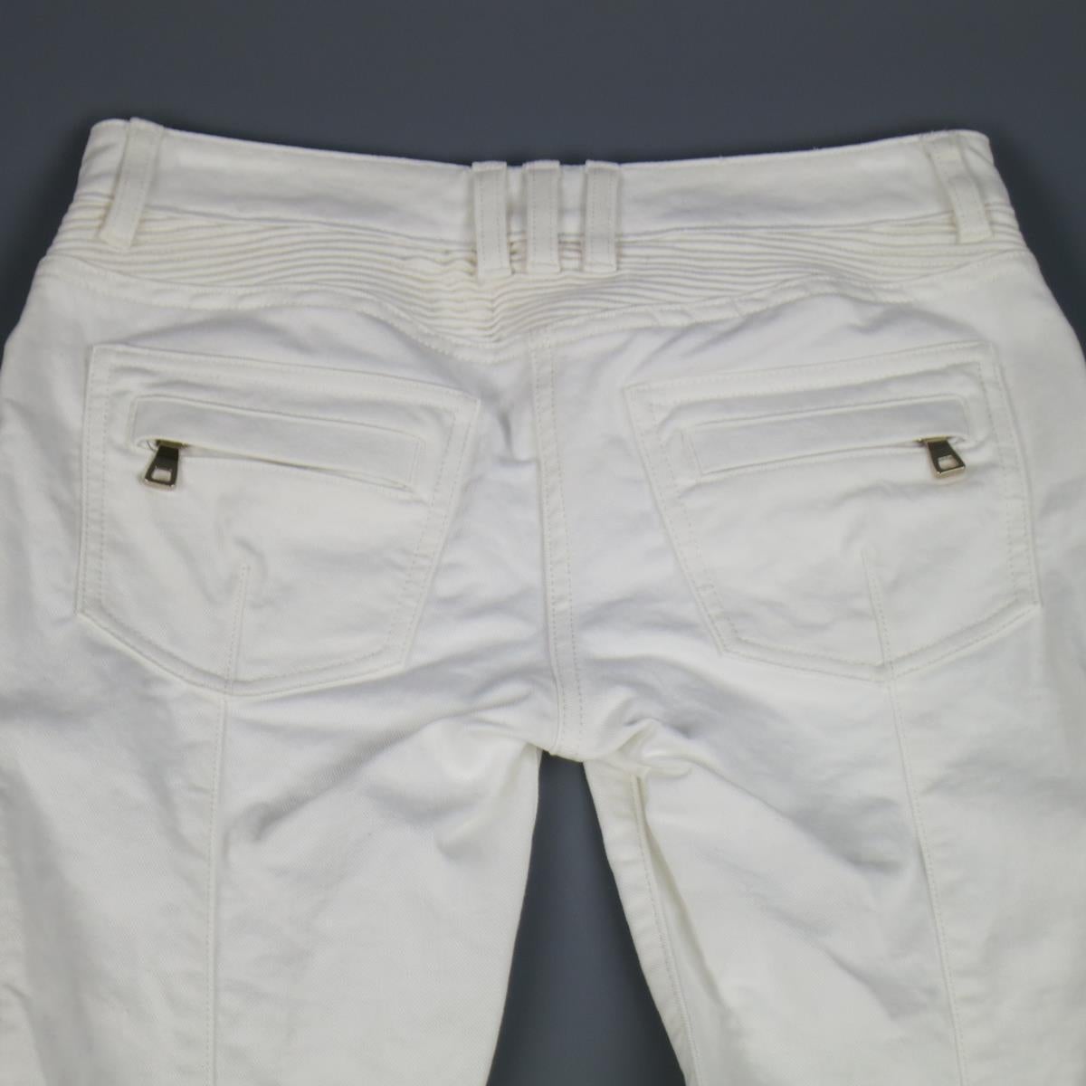 BALMAIN Size 4 White Cotton Gold Zip Moto Jeans For Sale 3