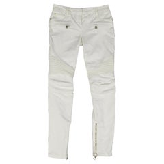 BALMAIN Talla 4 Blanco Algodón Oro Cremallera Moto Jeans
