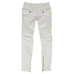 Used BALMAIN Size 4 White Cotton Gold Zip Moto Jeans