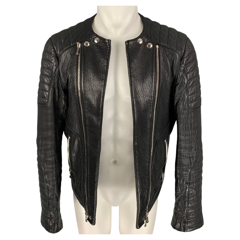 BALMAIN Size 42 Black Textured Leather Double Zipper Open Front Motorcycle  Jacke at 1stDibs