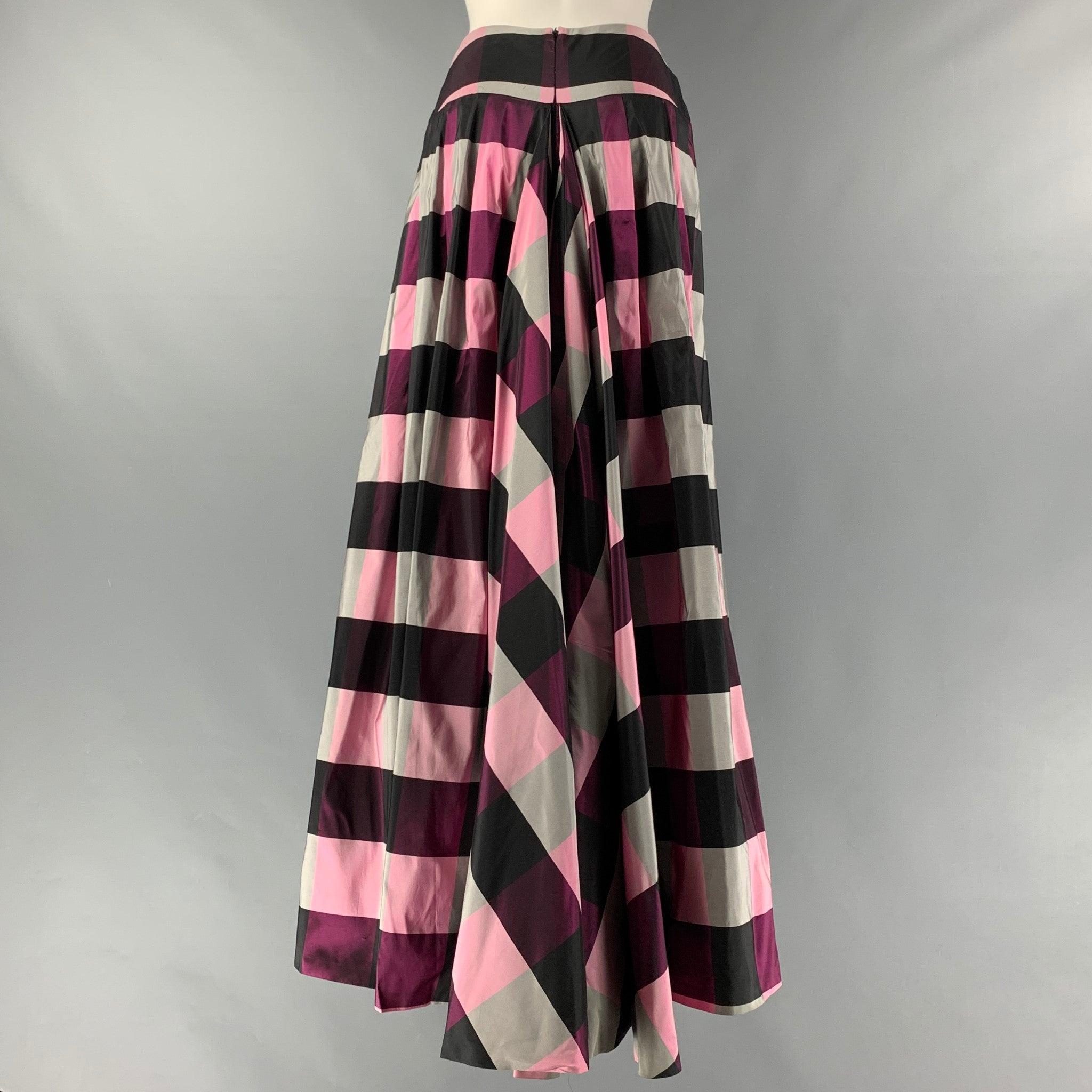 BALMAIN long skirt comes in black, grey, pink and purple checkered silk taffeta featuring high waist, train style, and a center back invisible zip up closure. Made in Italy.Good Pre-Owned Condition. Moderate Marks. As-Is. 

Marked:   36
