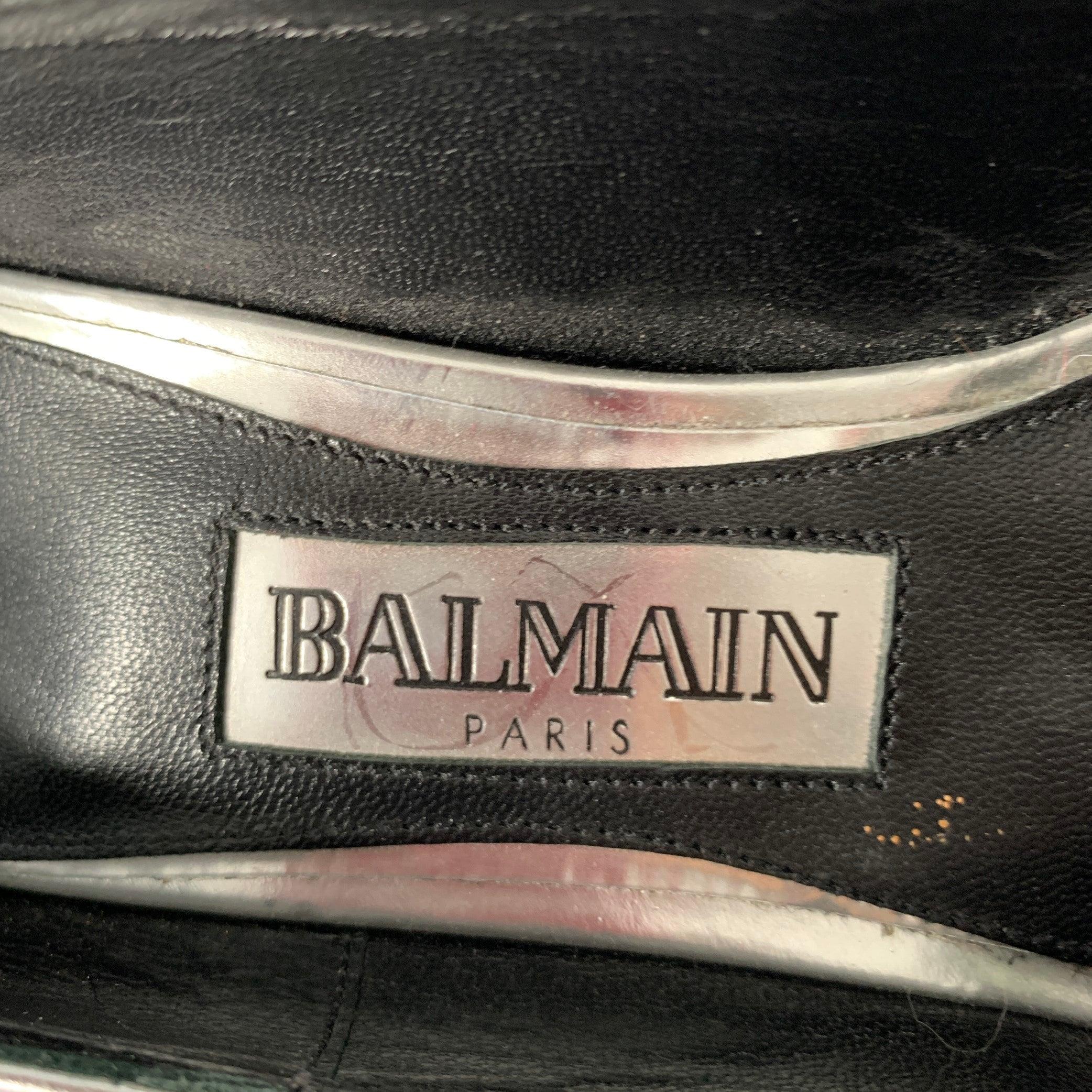 Balmain Taglia 6 Argento Patent Leather Peep Toe Heels Pumps in vendita 2