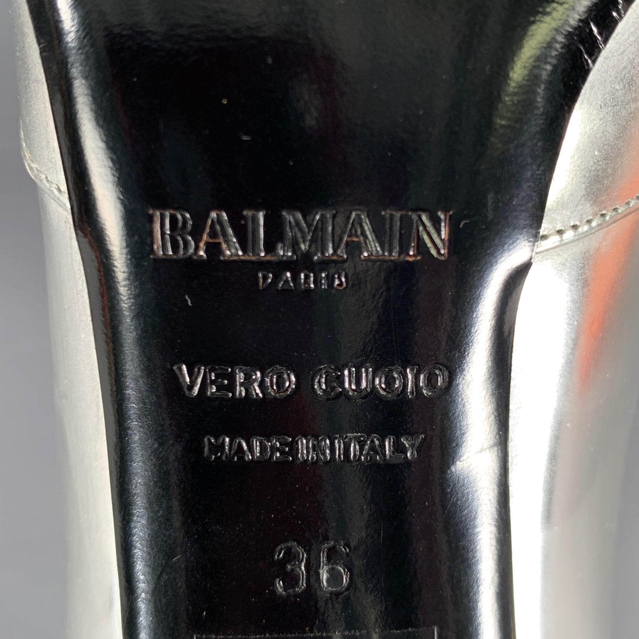 Balmain Taglia 6 Argento Patent Leather Peep Toe Heels Pumps in vendita 3