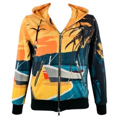 BALMAIN Size L Black Orange Blue Tropical Cotton Hooded Zip Up Sweatshirt