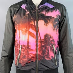 BALMAIN Size L Black Pink Palms Polyester Bomber Jacket