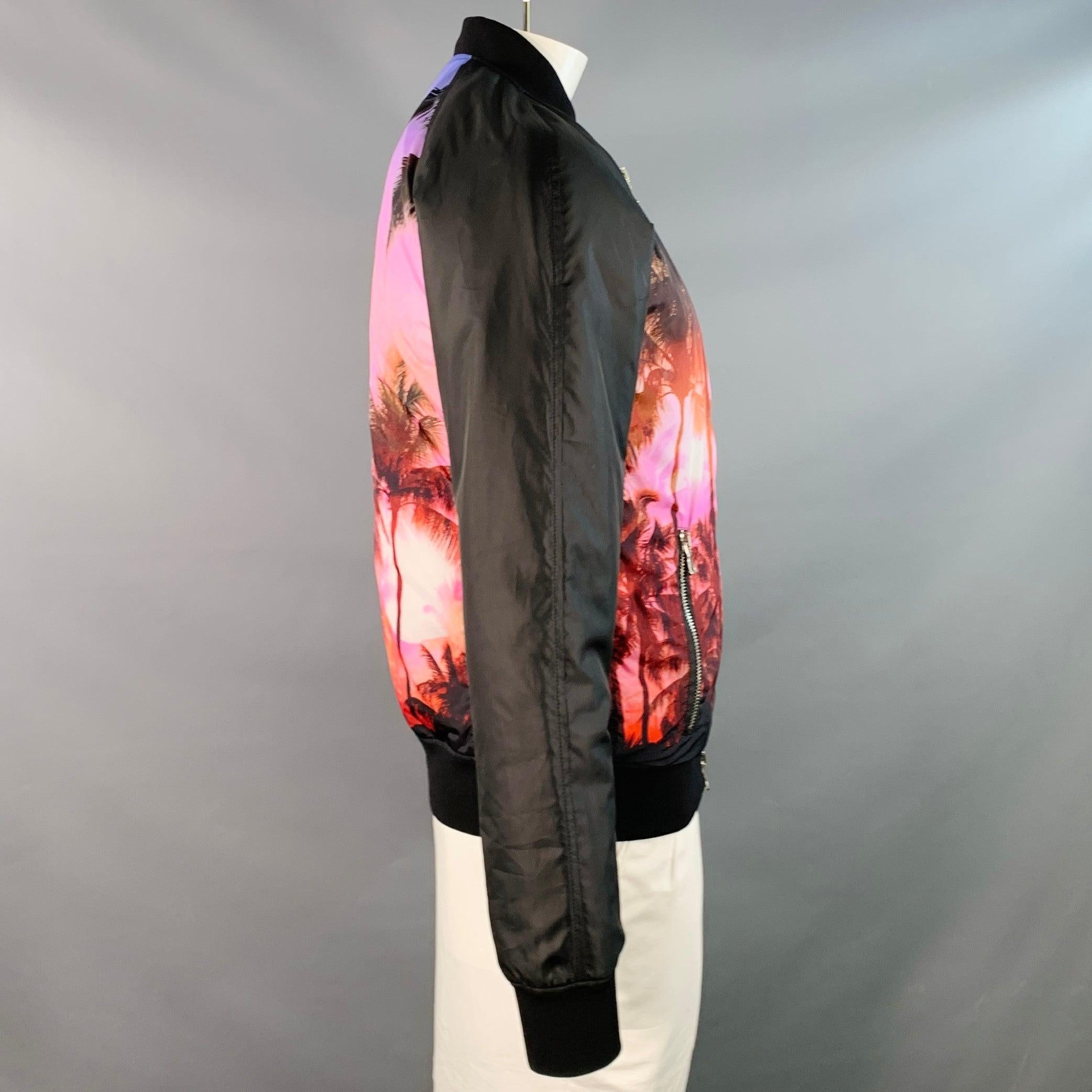 BALMAIN Talla L Negro Palmeras Rosa Chaqueta Bomber Poliéster en Excelente estado para la venta en San Francisco, CA