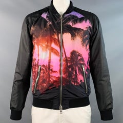 BALMAIN Größe L Schwarz Rosa Palmen Polyester Bomberjacke