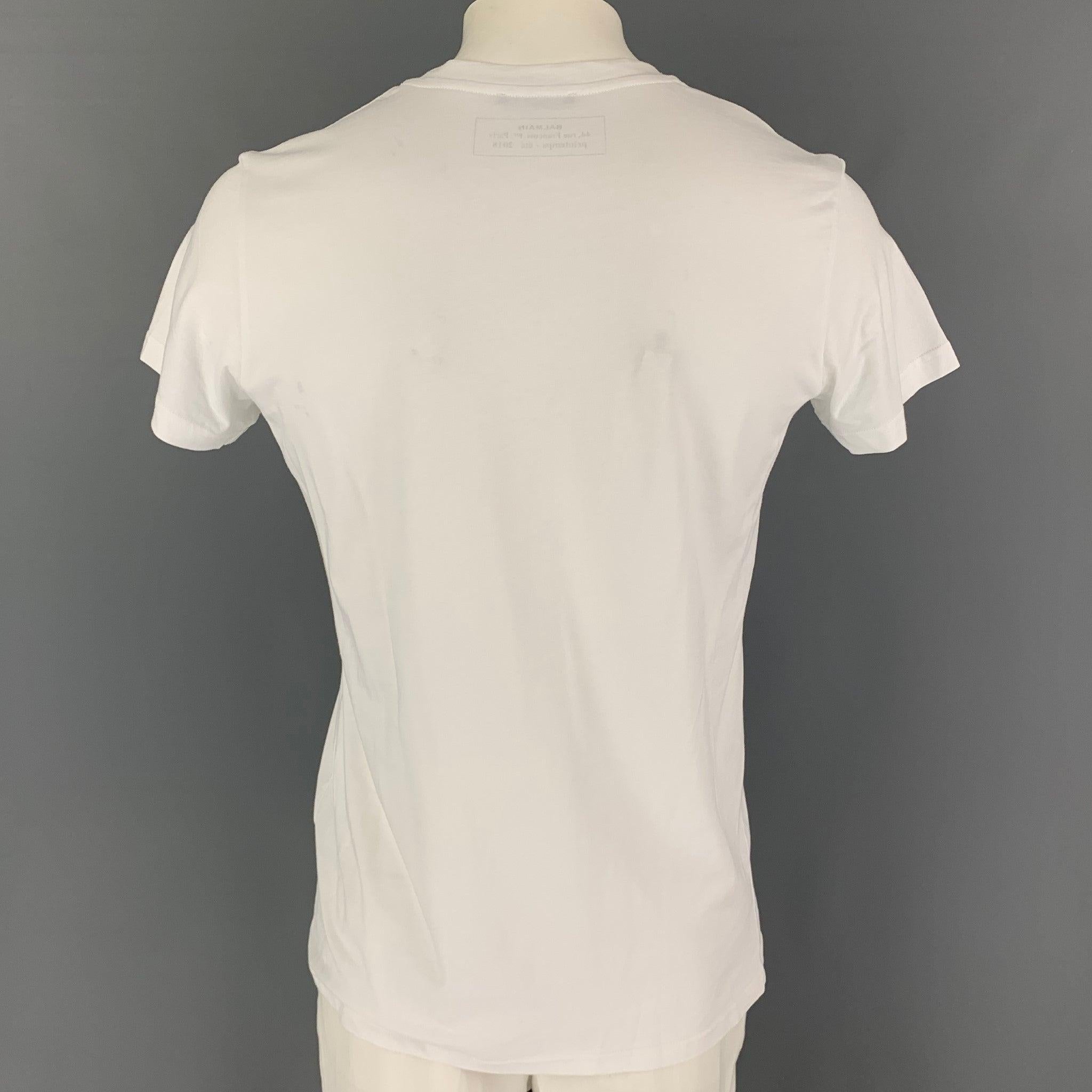 BALMAIN Size L White Logo Cotton  T-shirt In Good Condition For Sale In San Francisco, CA