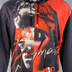 BALMAIN Size M Black Red White Graphic Cotton Hoodie Sweatshirt