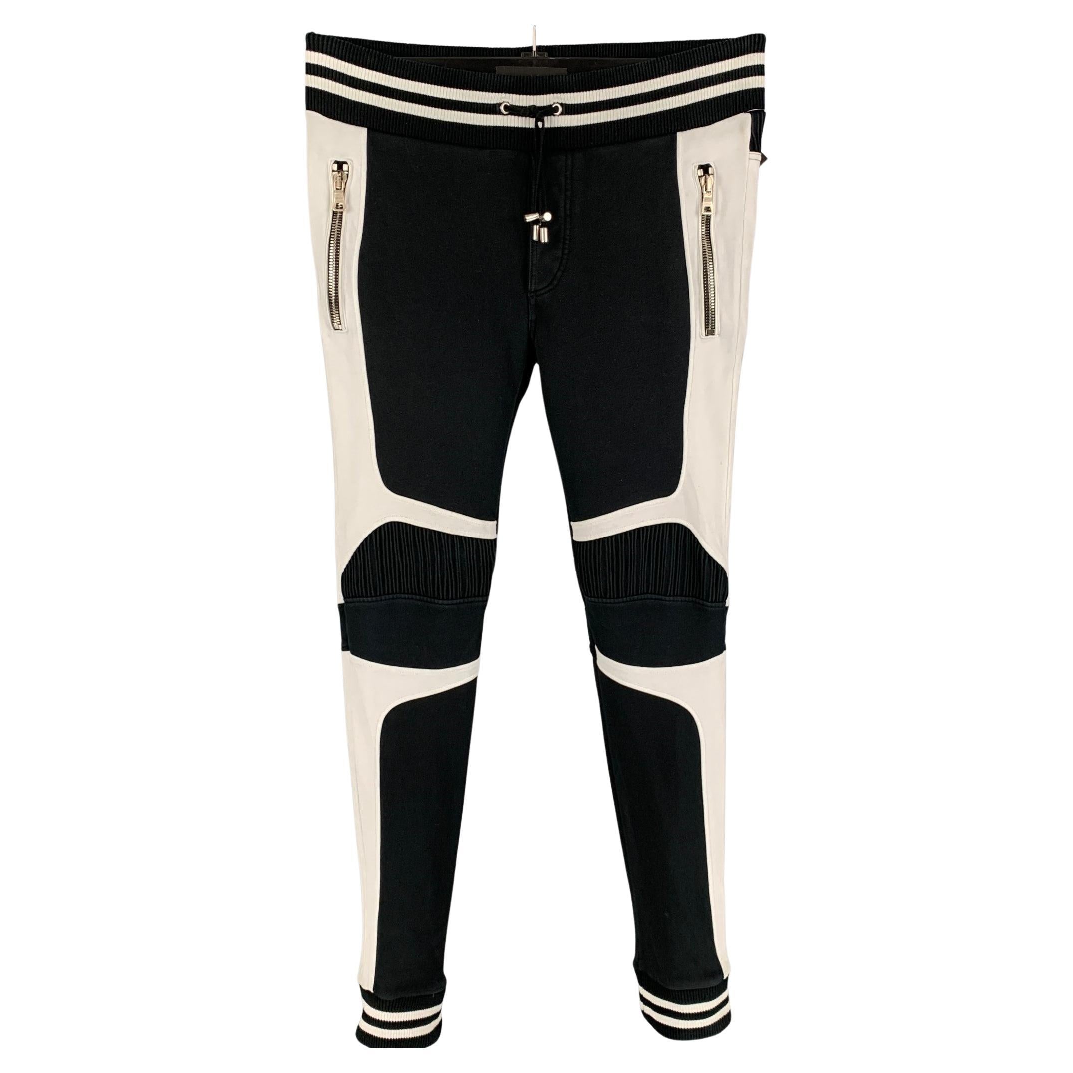BALMAIN Size M Black White Ribbed Cotton Joggers Pants For Sale at 1stDibs