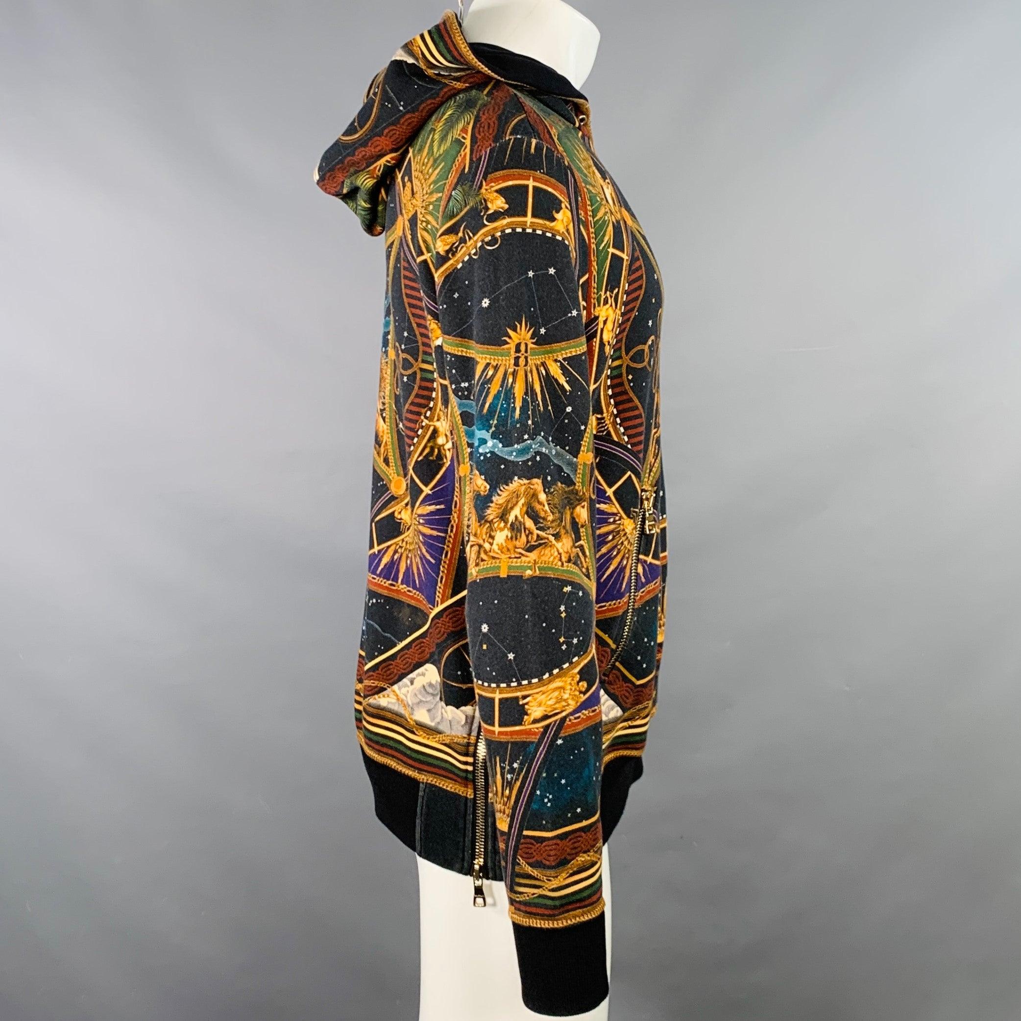 BALMAIN Größe M Schwarz Zodiac Pferd Druck Multi Farbe Astrologie Baumwolle Sweatshirt mit Kapuze Herren im Angebot