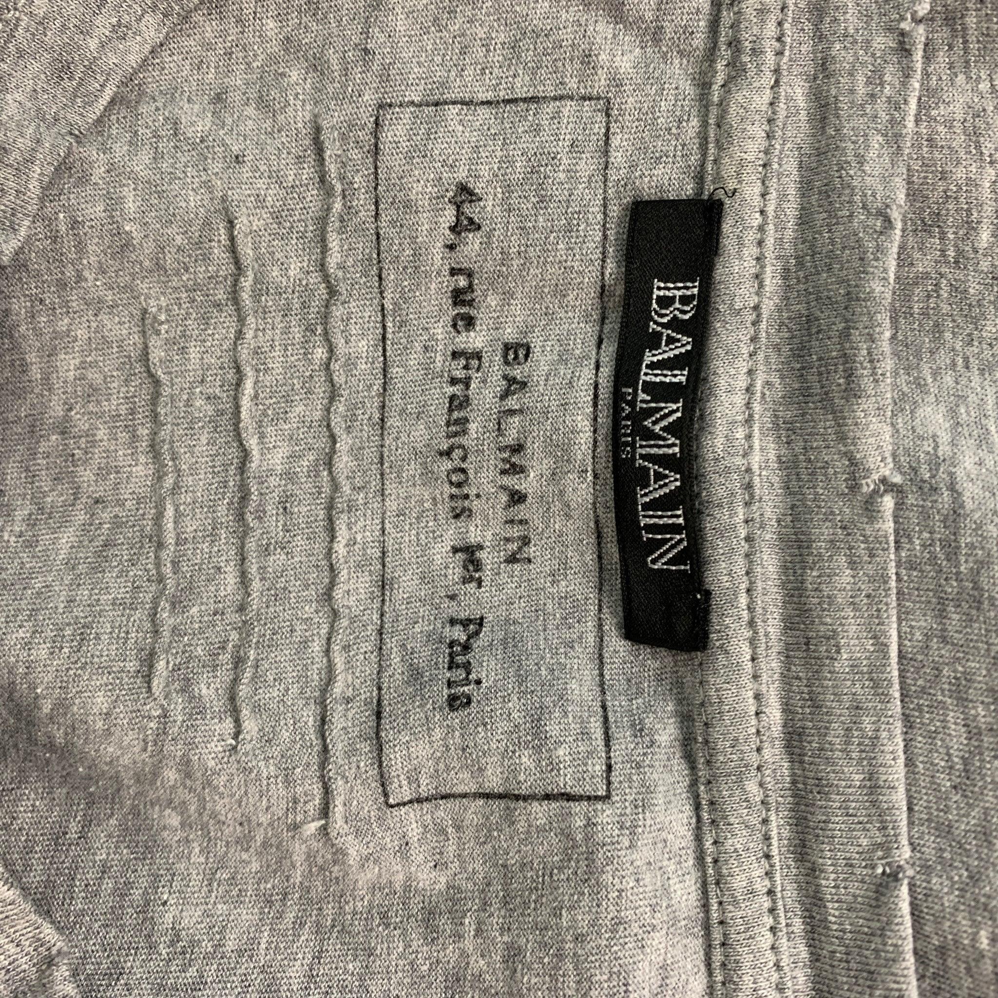 Men's BALMAIN Size M Grey Solid Cotton Crew-Neck T-shirt For Sale