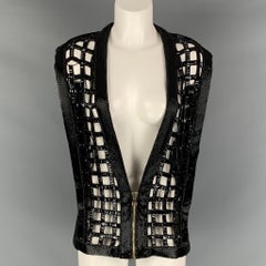 BALMAIN Size S Black Silk Beaded Zip Up Vest