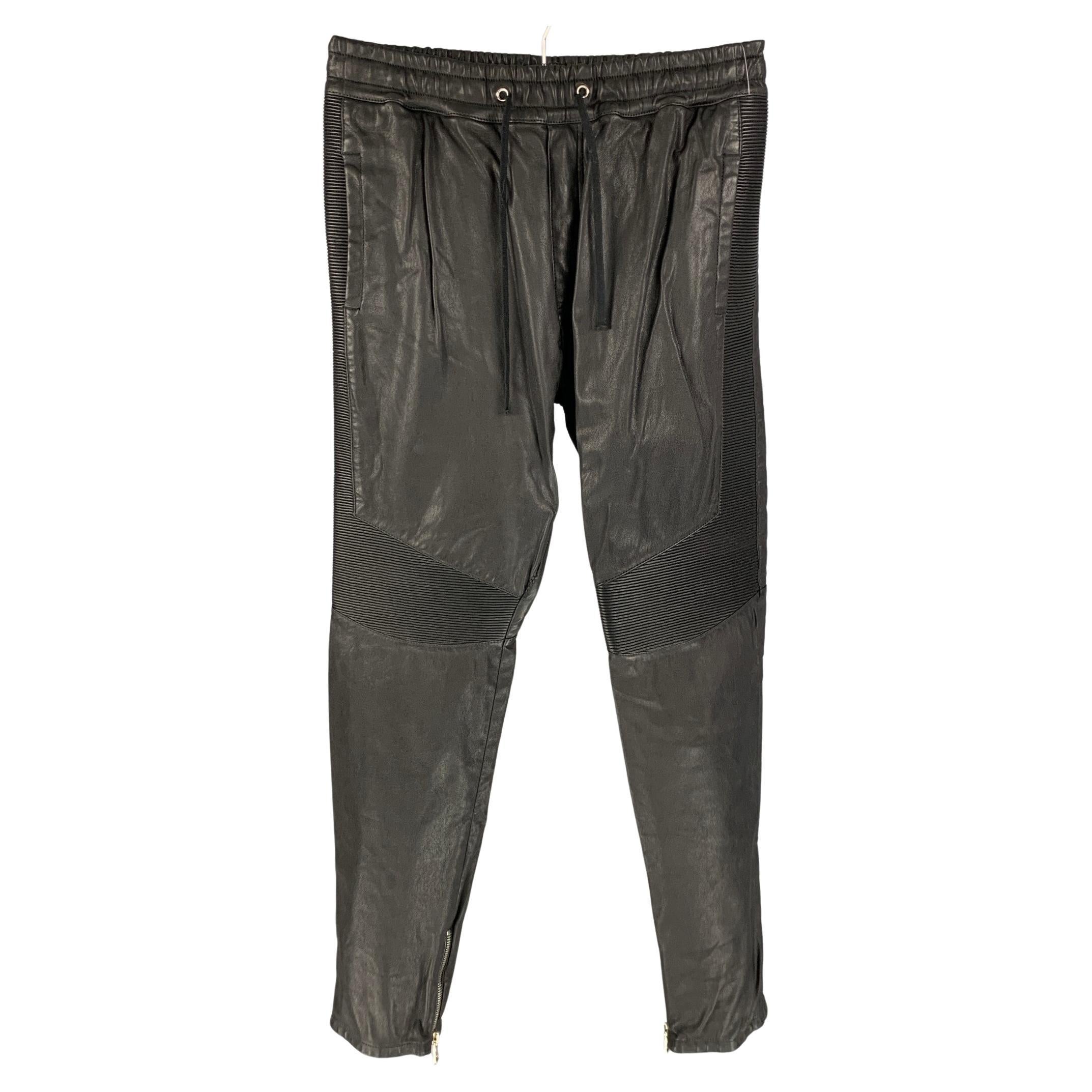 BALMAIN Size XL Black Leather Elastic Waistband Casual Pants