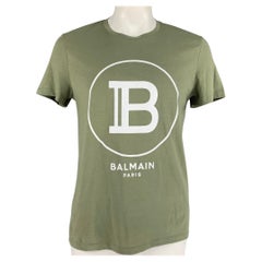 BALMAIN Size XL Olive Logo Cotton Crew-Neck T-shirt