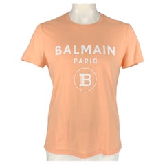 BALMAIN Size XL Peach Logo Cotton Crew-Neck T-shirt