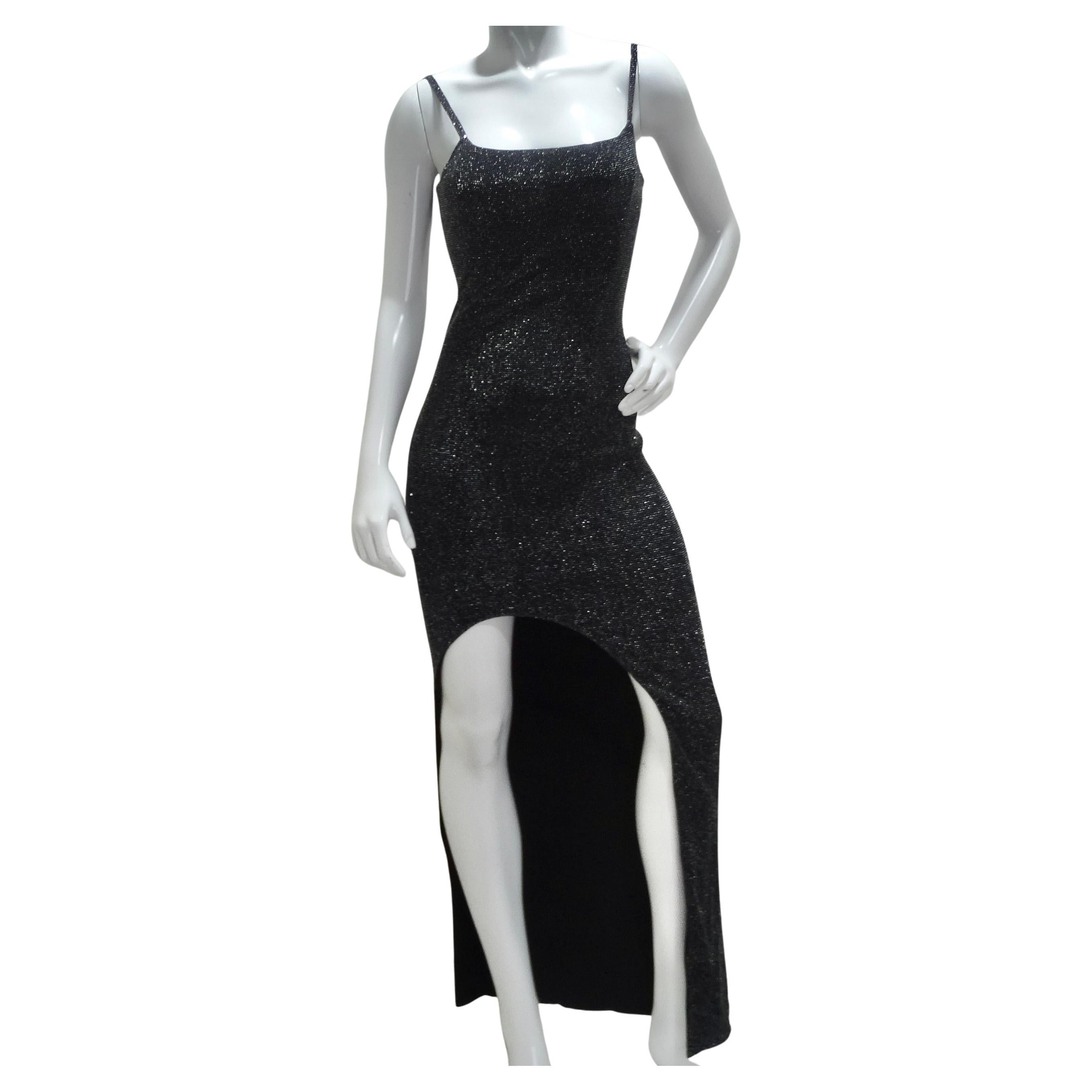 Balmain Slit Black Metallic Maxi Dress For Sale
