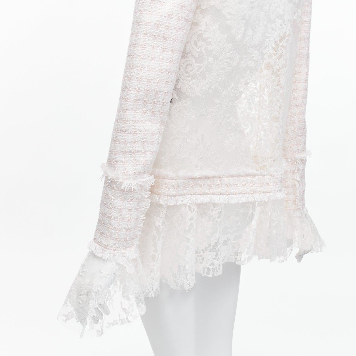 BALMAIN Spencer pink white tweed sheer lace ruffle blazer jacket FR34 XS
Reference: AAWC/A00519
Brand: Balmain
Designer: Olivier Rousteing
Model: Spencer
Material: Lace, Tweed
Color: White, Pink
Pattern: Lace
Closure: Hook & Eye
Lining: Pink