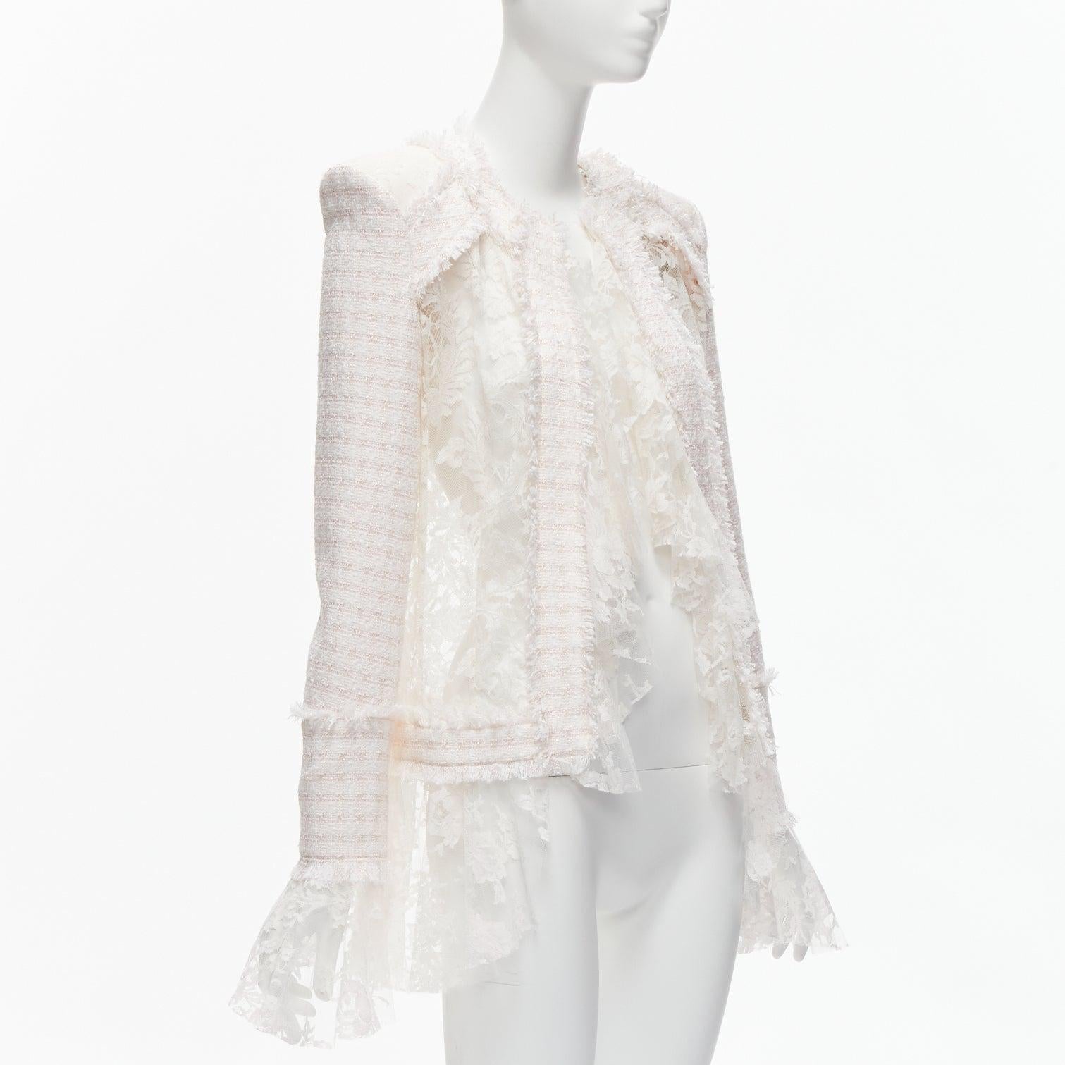 BALMAIN Spencer pink white tweed sheer lace ruffle blazer jacket FR34 XS In Excellent Condition For Sale In Hong Kong, NT