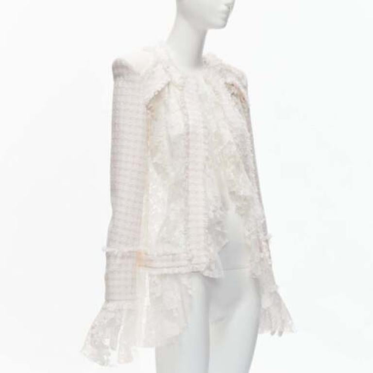 Gray BALMAIN Spencer pink white tweed sheer lace ruffle blazer jacket FR34 XS For Sale