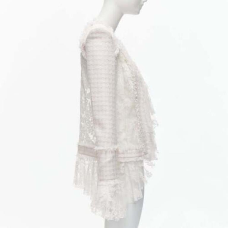 BALMAIN Spencer pink white tweed sheer lace ruffle blazer jacket FR34 XS In Excellent Condition For Sale In Hong Kong, NT
