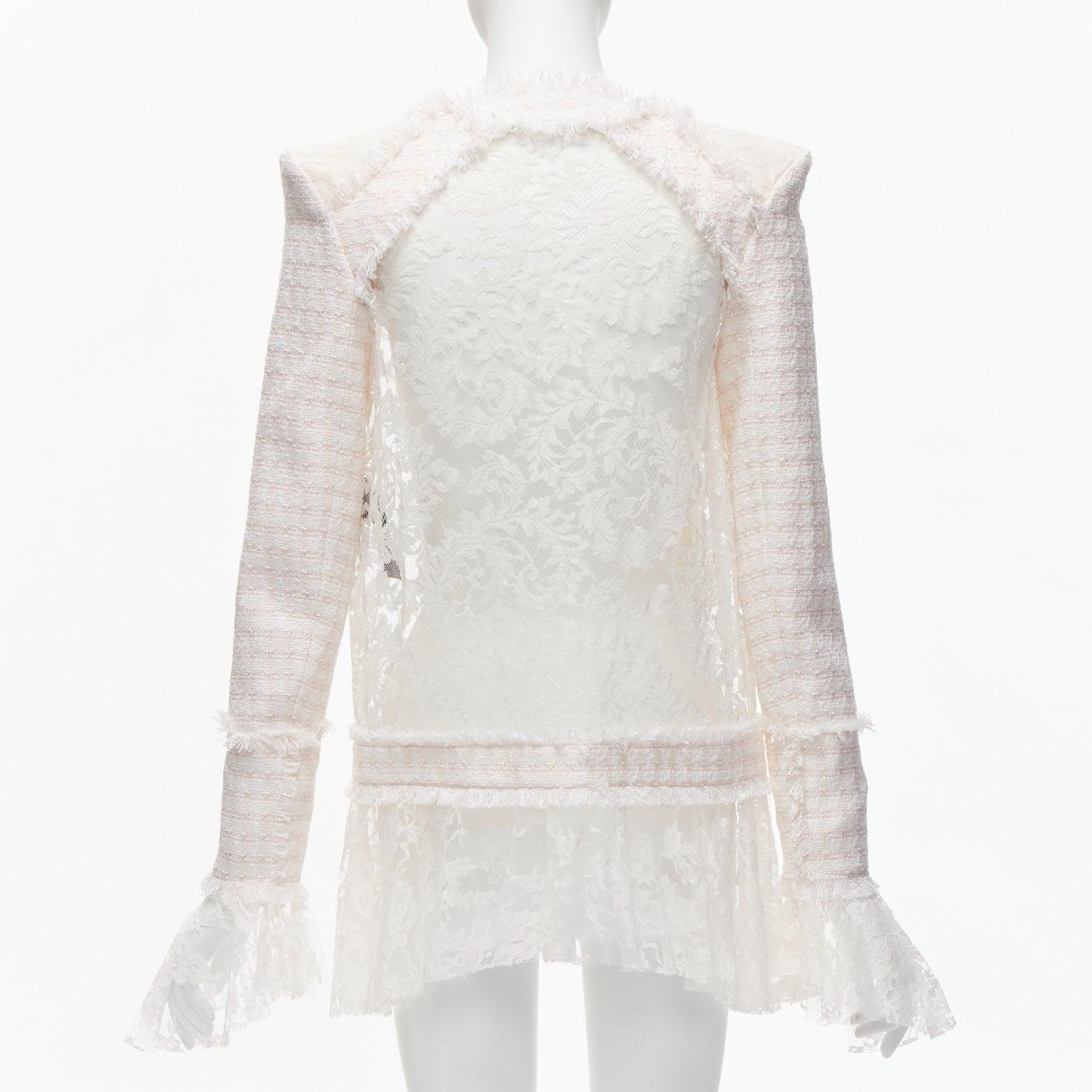 BALMAIN Spencer pink white tweed sheer lace ruffle blazer jacket FR34 XS For Sale 1