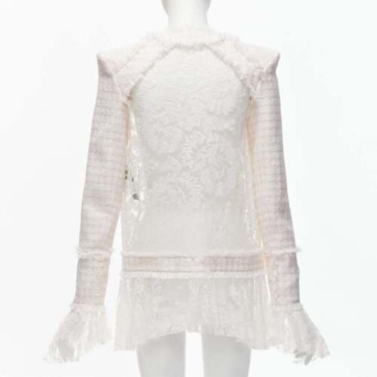 Women's BALMAIN Spencer pink white tweed sheer lace ruffle blazer jacket FR34 XS For Sale