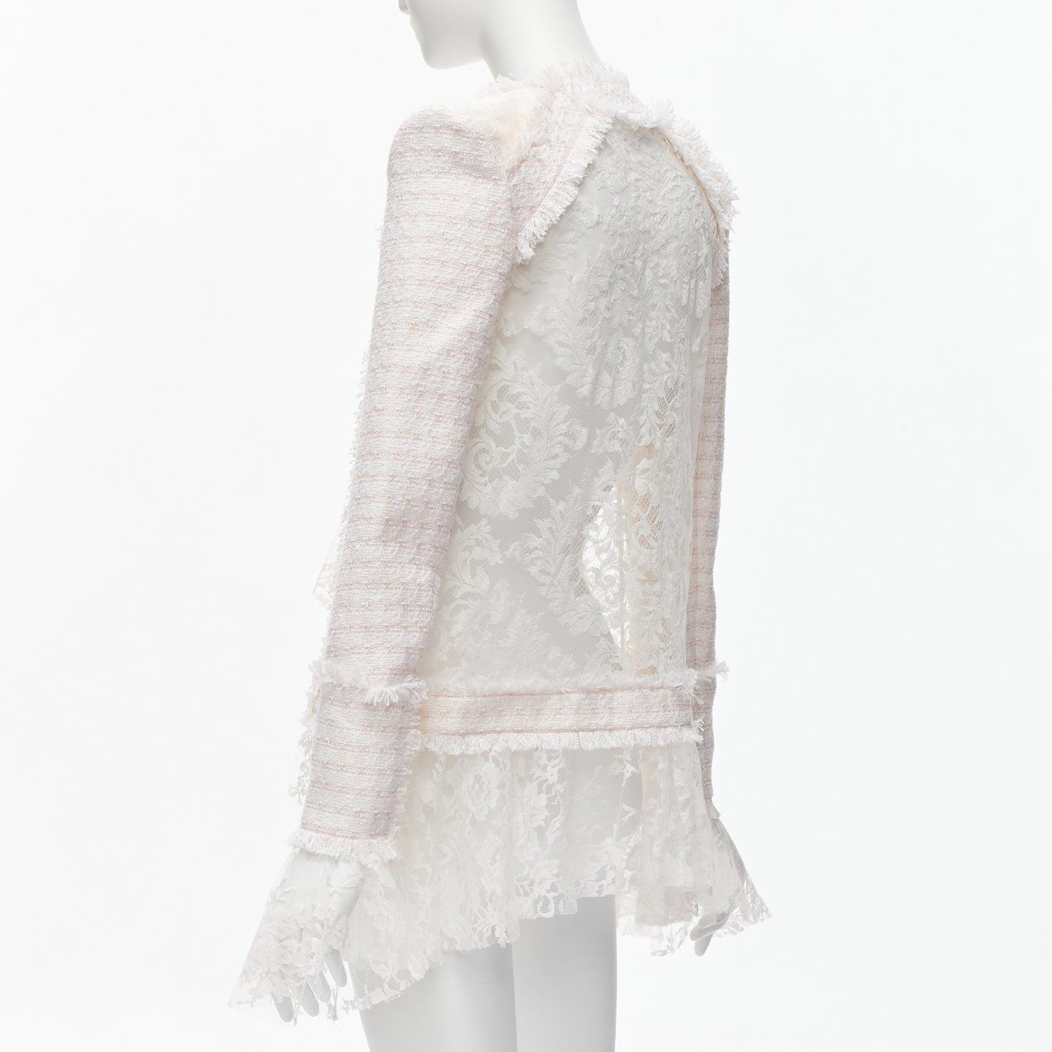 BALMAIN Spencer pink white tweed sheer lace ruffle blazer jacket FR34 XS For Sale 2