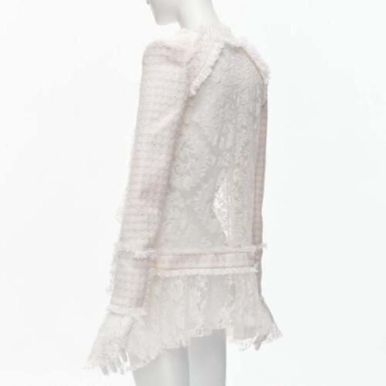 BALMAIN Spencer pink white tweed sheer lace ruffle blazer jacket FR34 XS For Sale 1