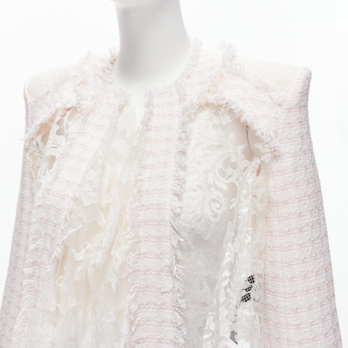 BALMAIN Spencer pink white tweed sheer lace ruffle blazer jacket FR34 XS For Sale 3