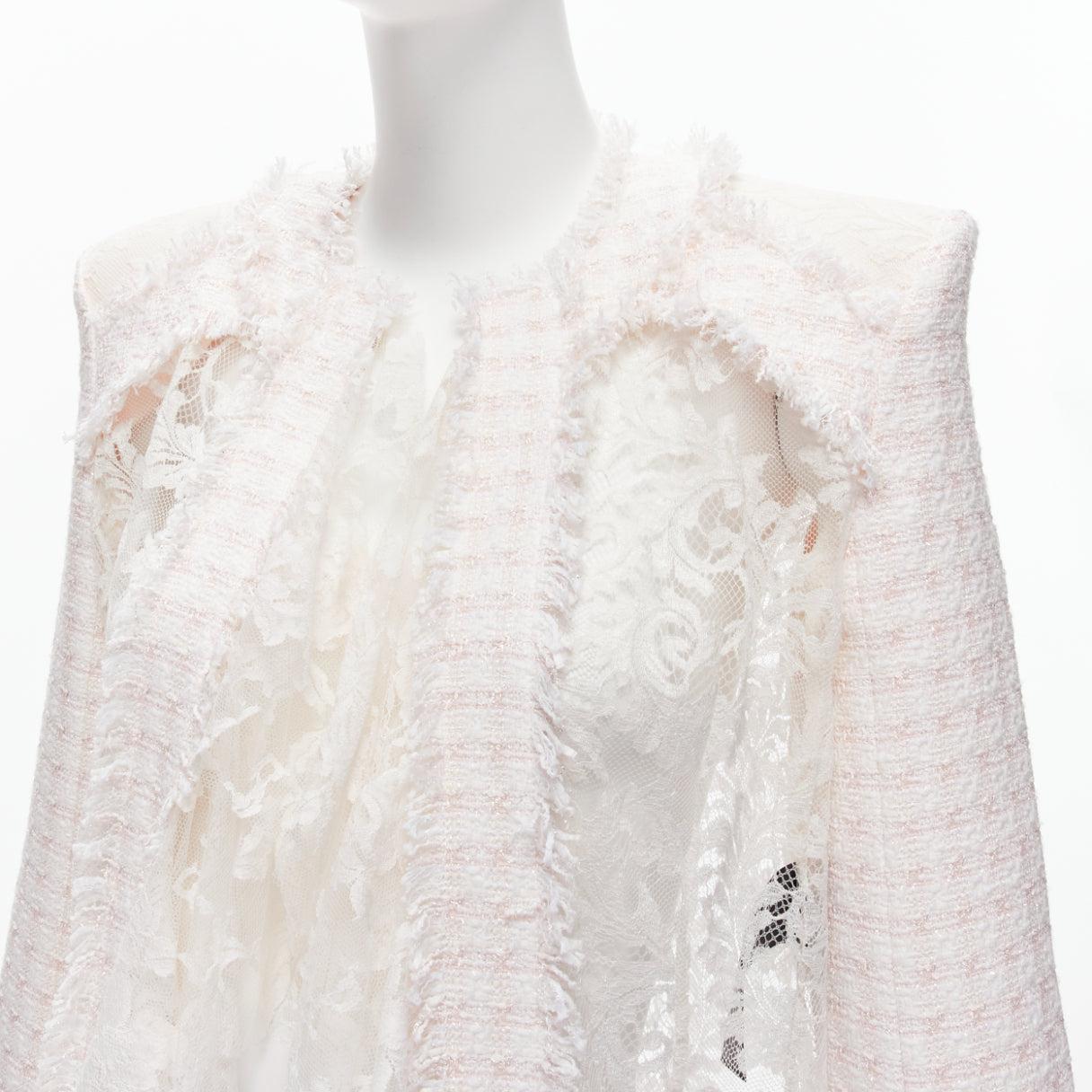BALMAIN Spencer pink white tweed sheer lace ruffle blazer jacket FR34 XS 2