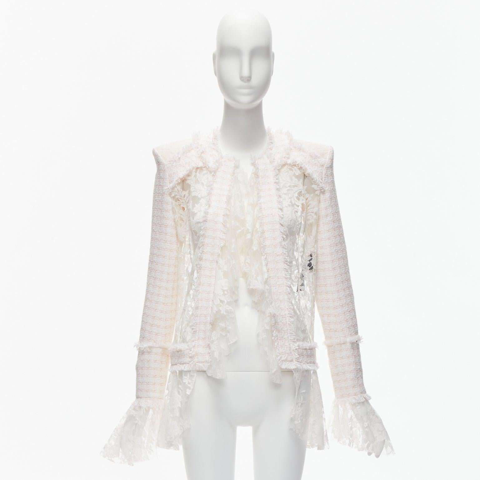 BALMAIN Spencer pink white tweed sheer lace ruffle blazer jacket FR34 XS For Sale 5
