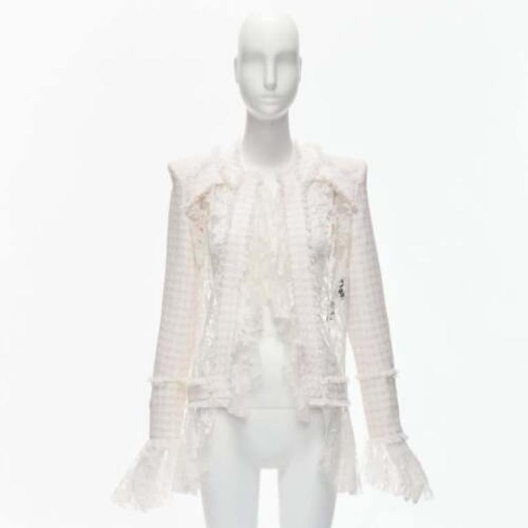 BALMAIN Spencer pink white tweed sheer lace ruffle blazer jacket FR34 XS For Sale 4