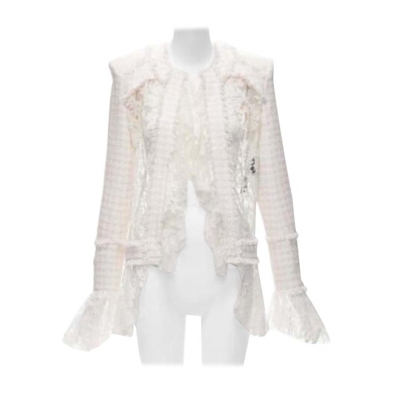 Balmain Spencer rosa, bianco, tweed, pizzo, volant, giacca blazer FR34 XS