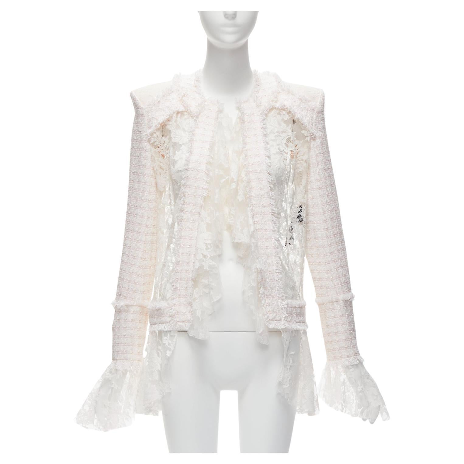 BALMAIN Spencer pink white tweed sheer lace ruffle blazer jacket FR34 XS For Sale