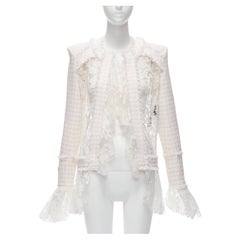 Used BALMAIN Spencer pink white tweed sheer lace ruffle blazer jacket FR34 XS